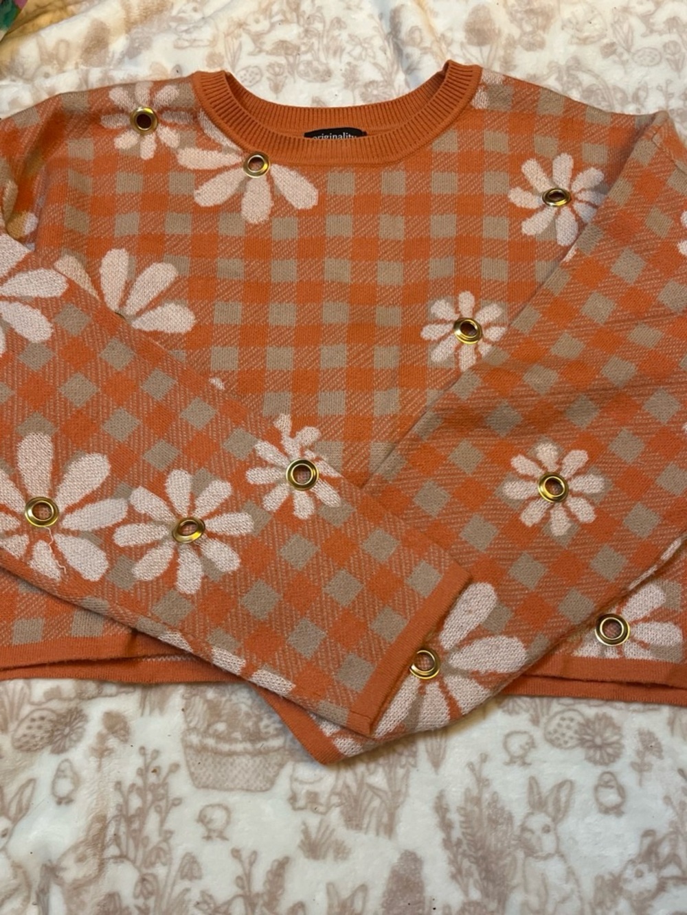 Girls Orange Gingham Daisy Sweater Top